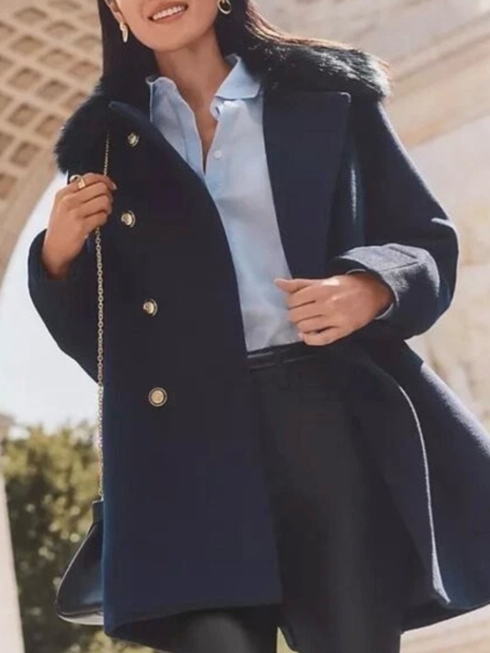 ANN TAYLOR NIGHT SKY FAUX FUR COLLAR DOUBLE BREASTED SWING COAT SZ XS